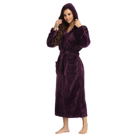 RONGTAI Ultra-Soft Plush Fleece Long Robe – Hooded Bathrobe with Pockets