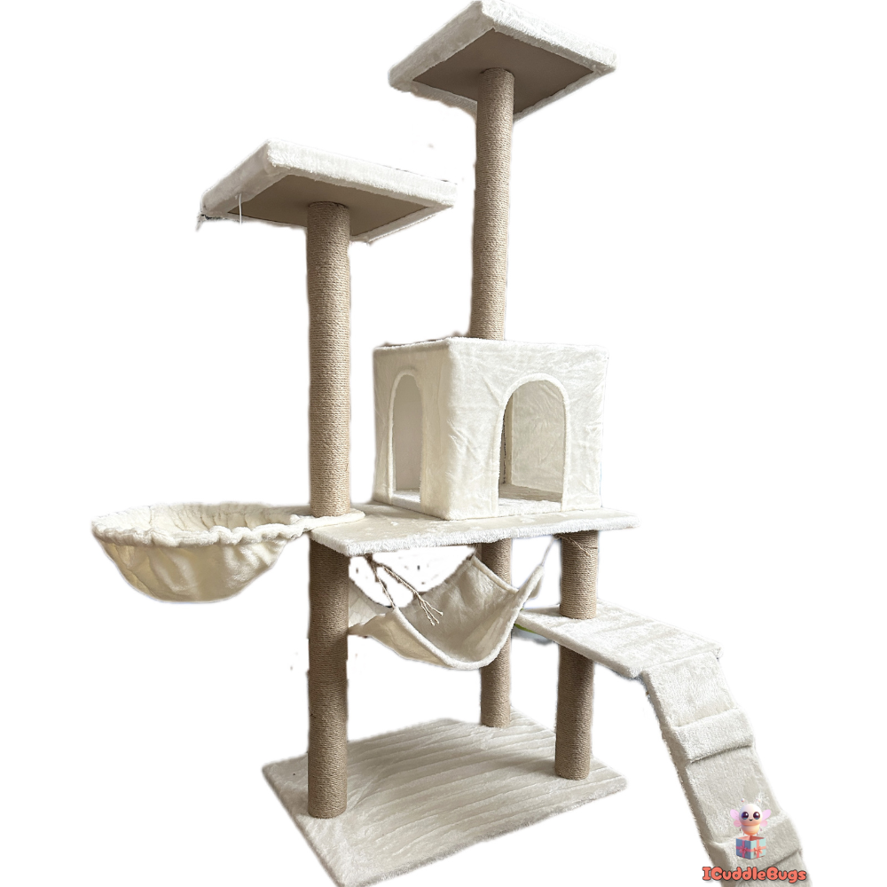 Multi-Level Cat Tree, 140cm Tall, Velvet Finish, with Hammock and Platforms, Cream White