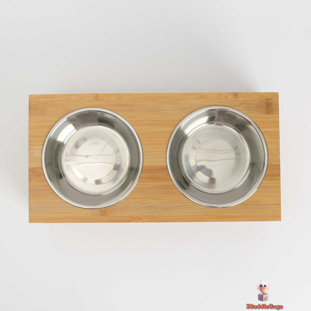 Double Stainless Steel Pet Bowl with Wooden Stand