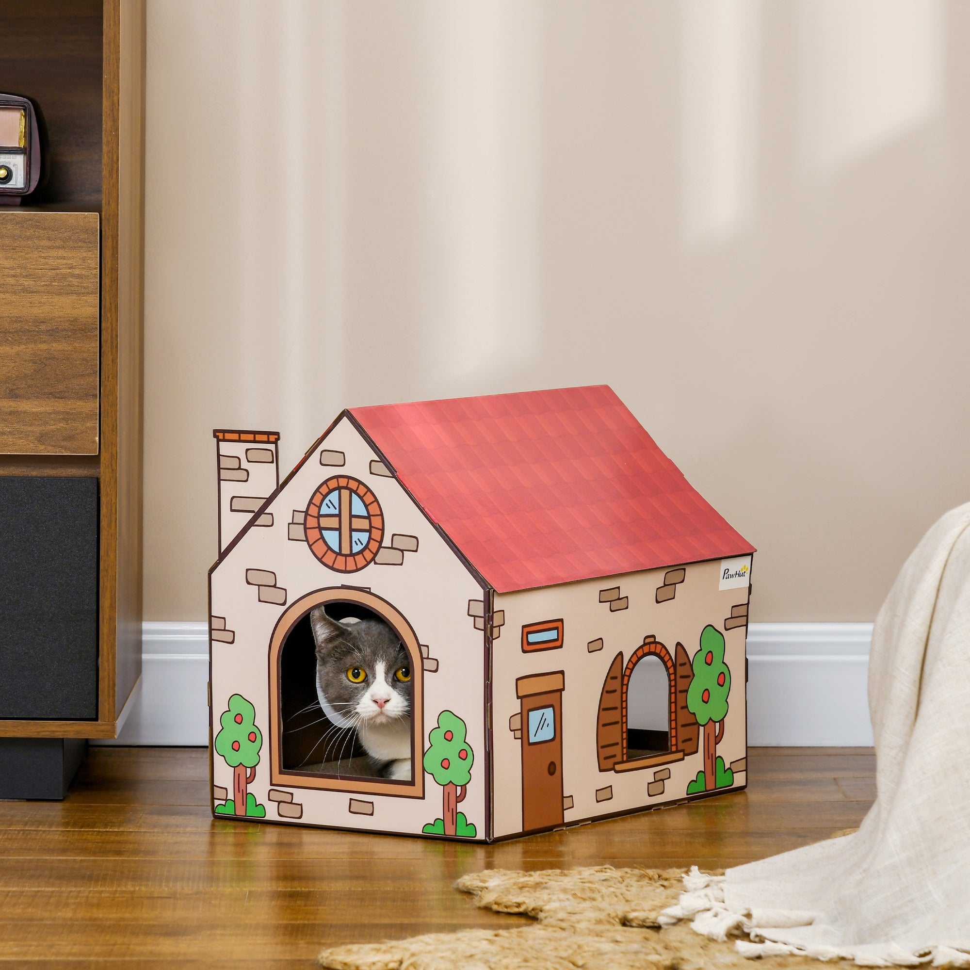 PawHut 2-in-1 Indoor Cat House with Cardboard Scratcher & Catnip