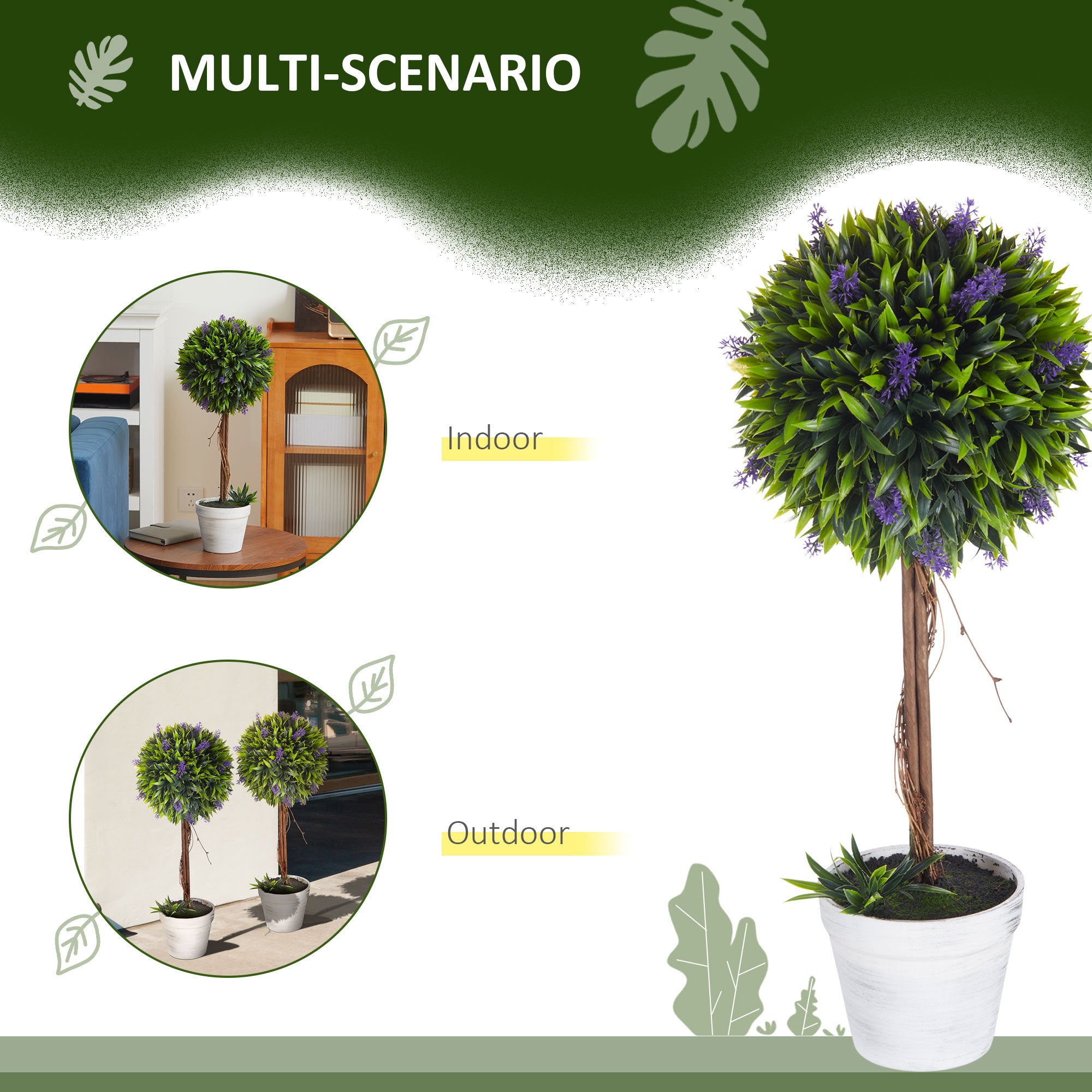 Set Of 2 Decorative Artificial Plants Ball Trees With Lavender Flowers In Pot Fake Plants For Home Indoor Outdoor Decor, 60cm, Green
