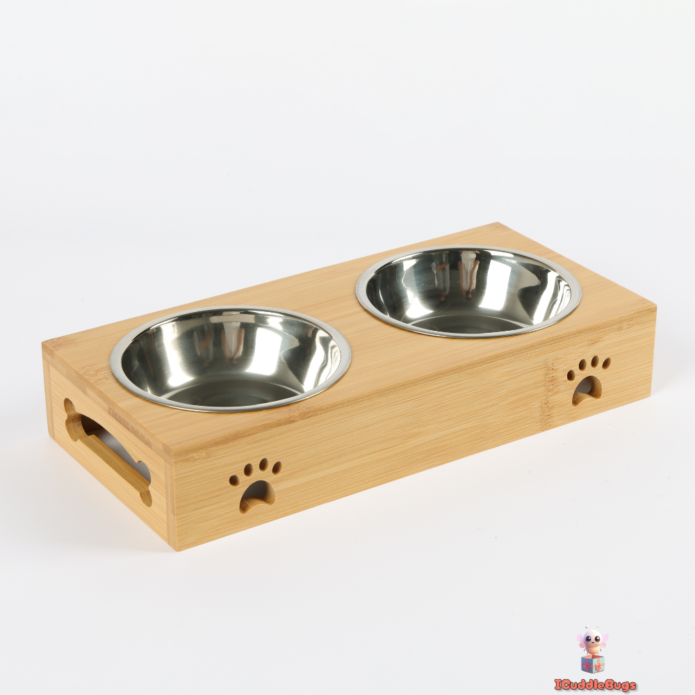 Elevated Double Pet Bowl, Stainless Steel Dishes with Wooden Stand, Paw Print Design