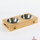 Elevated Double Pet Bowl, Stainless Steel Dishes with Wooden Stand, Paw Print Design