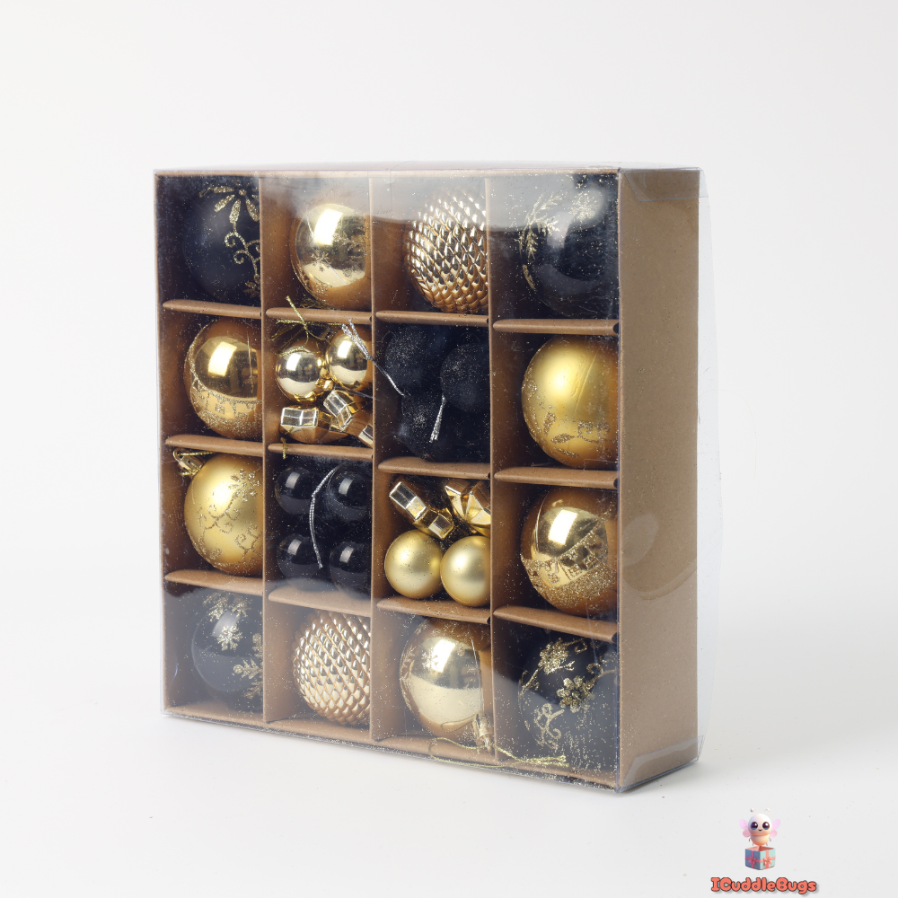44-Piece Black and Gold Christmas Ball Ornament Set – Modern and Elegant Holiday Decorations