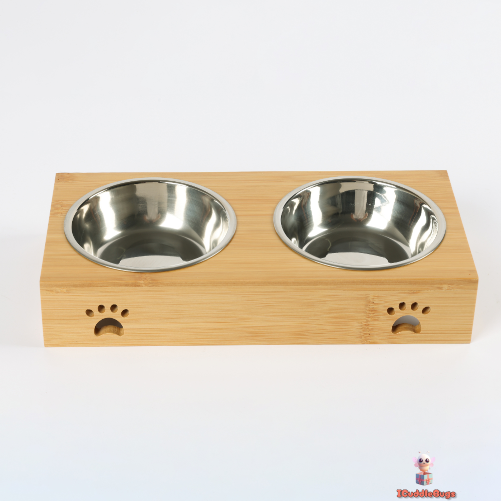 Elevated Double Pet Bowl, Stainless Steel Dishes with Wooden Stand, Paw Print Design