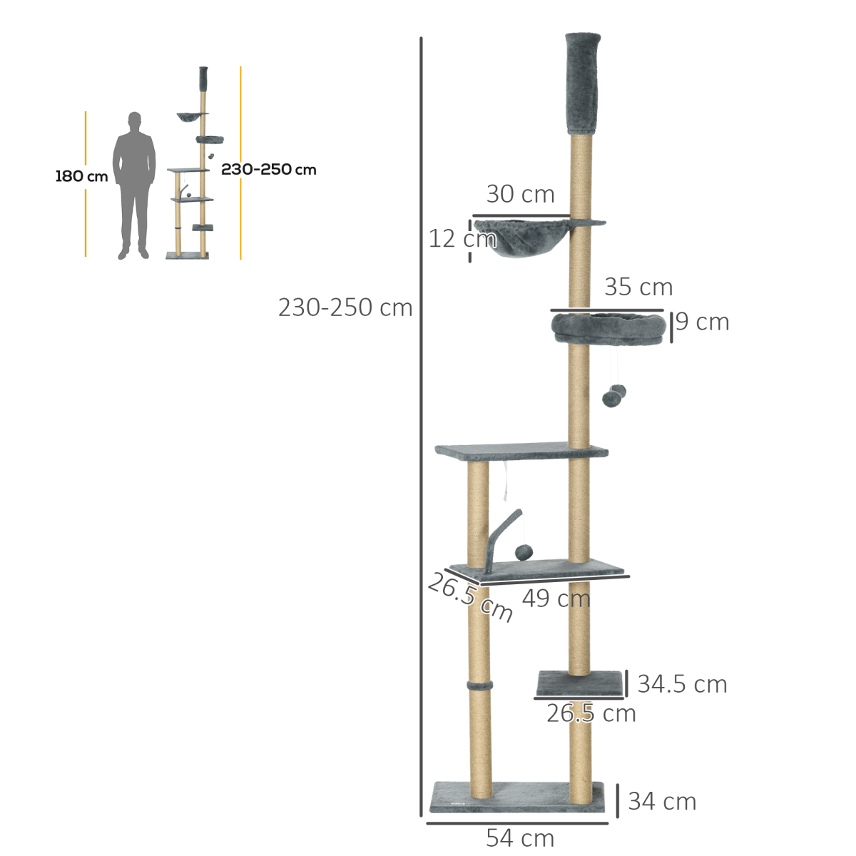 6-Tier Floor to Ceiling Cat Tree with Scratching Post, Bed, Hammock, Grey