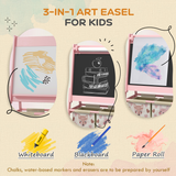 AIYAPLAY Kids Easel with Paper Roll, Blackboard, Whiteboard, Storage, Pink