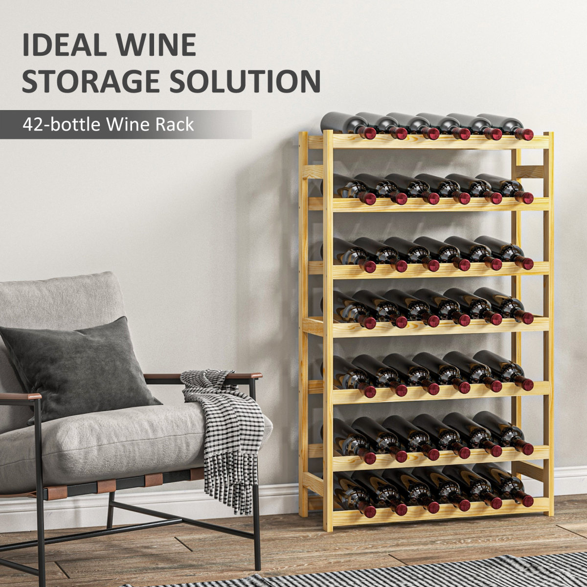 HOMCOM Free Standing Wooden Wine Rack 42 Bottles Holders, Natural