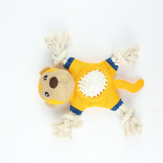 Interactive Dog Rope Toy with Mesh Body, Yellow and Blue, Durable Thermoplastic with 4 Knotted Ropes