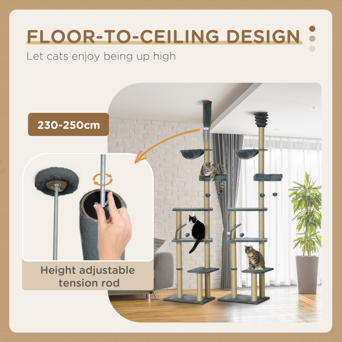 6-Tier Floor to Ceiling Cat Tree with Scratching Post, Bed, Hammock, Grey