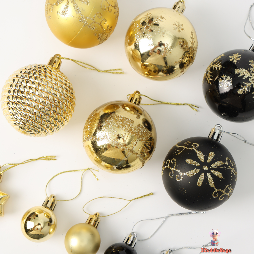 44-Piece Black and Gold Christmas Ball Ornament Set – Modern and Elegant Holiday Decorations