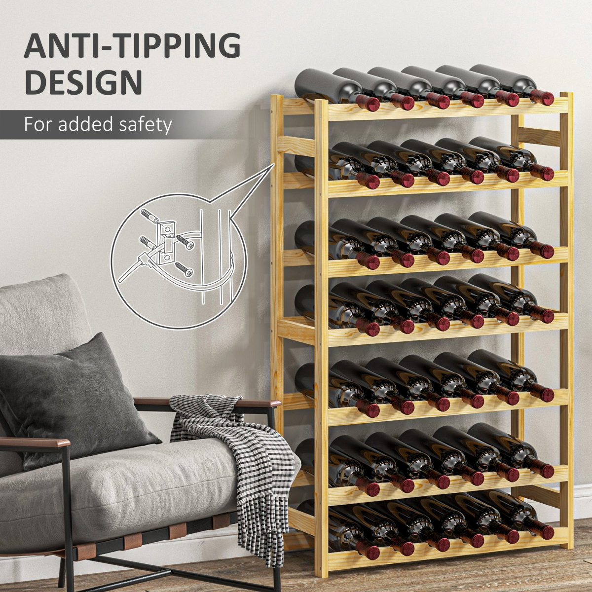 HOMCOM Free Standing Wooden Wine Rack 42 Bottles Holders, Natural
