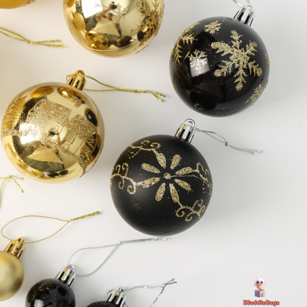 44-Piece Black and Gold Christmas Ball Ornament Set – Modern and Elegant Holiday Decorations