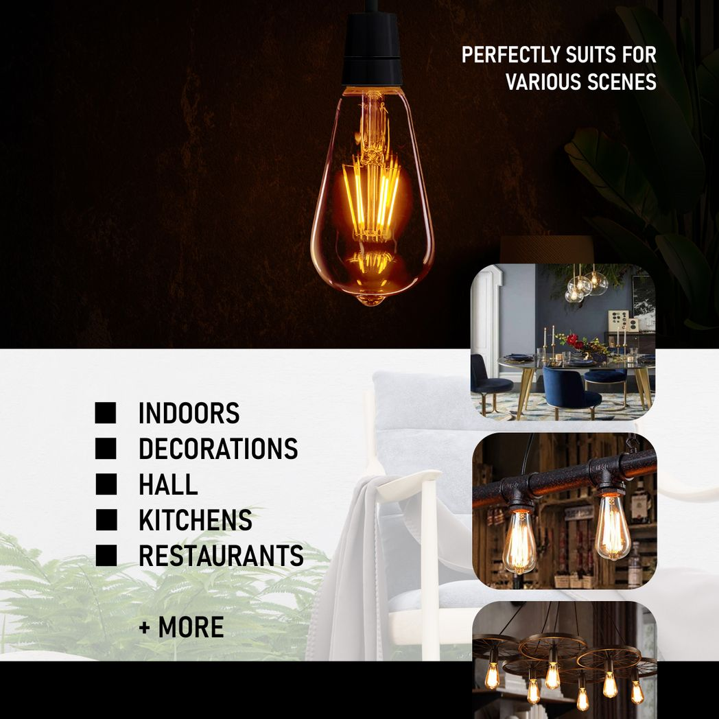 2Pack E27 LED Edison Dimmable Vintage Amber Glass Warm white 2700K Light Bulb