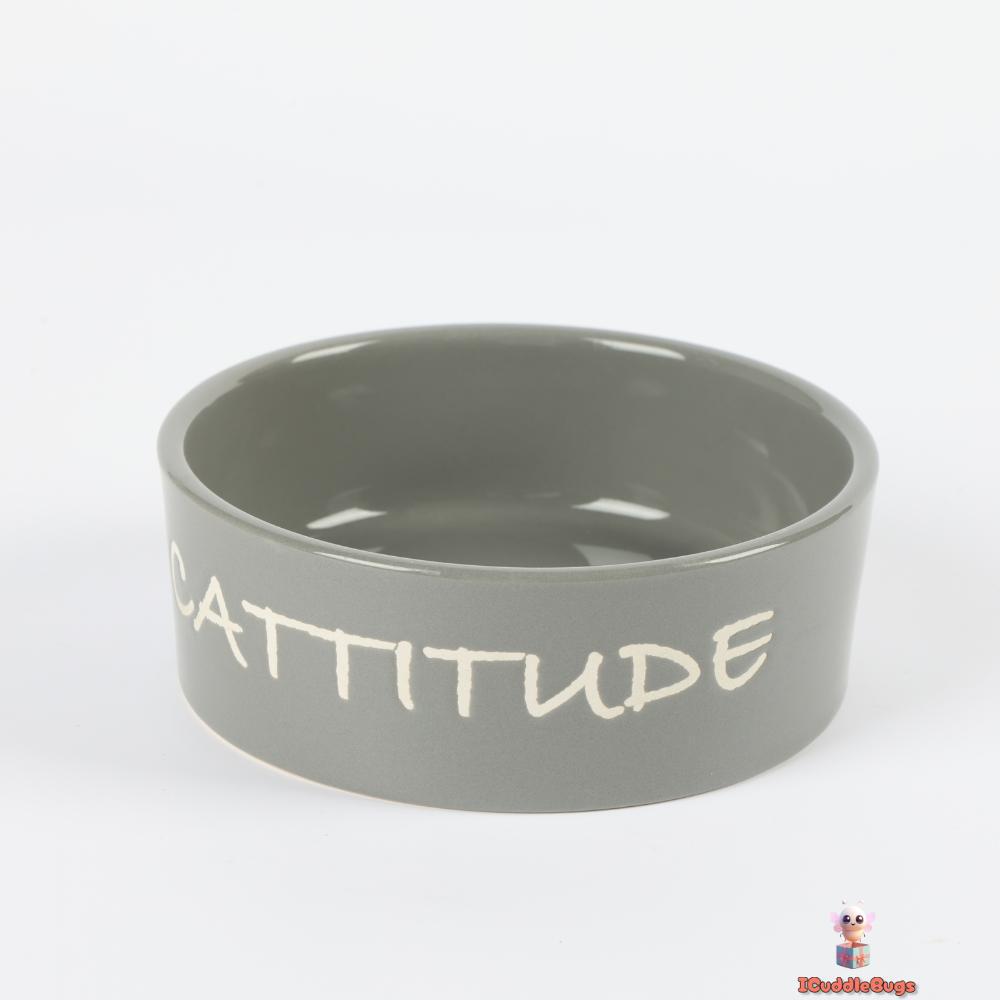 Ceramic Pet Bowl with 'Cattitude' Design, Grey, Small Size
