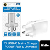 FX USB-C Mains Charger, PD20W Fast & Universal Compatible, White