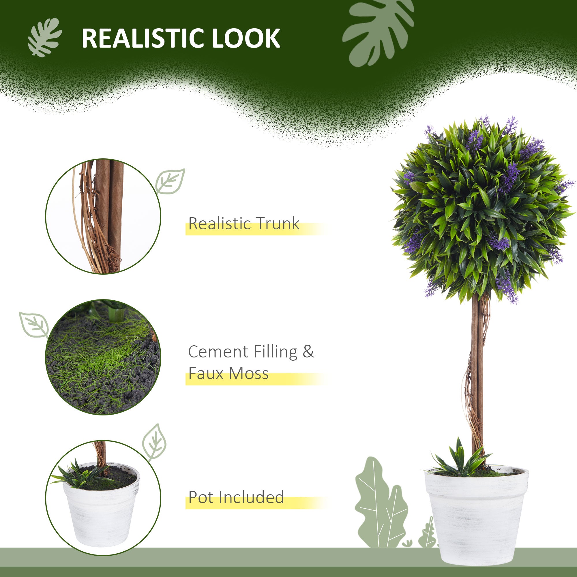 Set Of 2 Decorative Artificial Plants Ball Trees With Lavender Flowers In Pot Fake Plants For Home Indoor Outdoor Decor, 60cm, Green